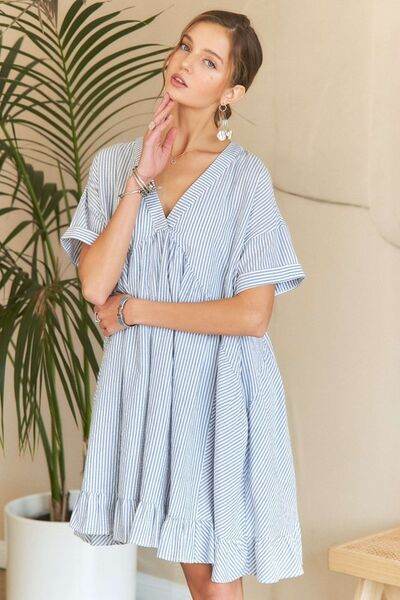 ADORA Ruffled Hem Striped V-Neck Babydoll Dress - Shop Style & More | Fresh Looks, Everyday Deals & Free Shipping