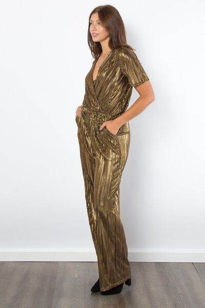 Be Stage Foil Pleated Jumpsuit with Surplice Short Sleeves - Shop Style & More | Fresh Looks, Everyday Deals & Free Shipping