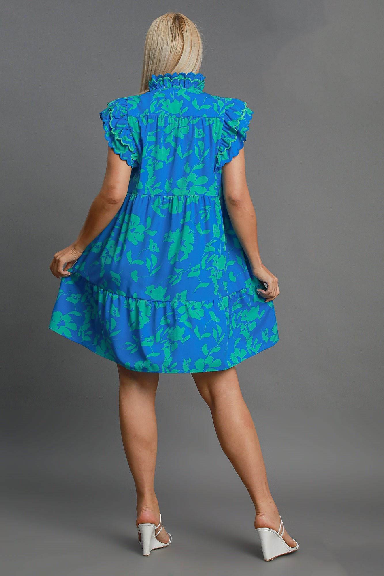 Umgee Full Size Two Tone Floral Print Ruffle Cap Sleeve Mini Dress Plus Size - Shop Style & More | Fresh Looks, Everyday Deals & Free Shipping