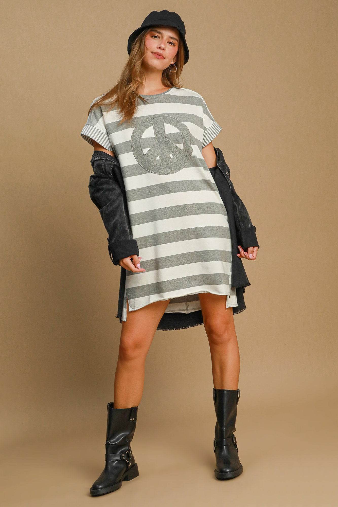Umgee Peace Applique Striped Short Sleeve Mini Dress - Shop Style & More | Fresh Looks, Everyday Deals & Free Shipping