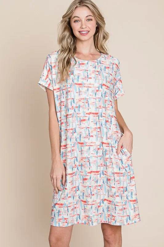 BOMBOM Printed Round Neck Short Sleeve Tee Dress - Shop Style & More | Fresh Looks, Everyday Deals & Free Shipping