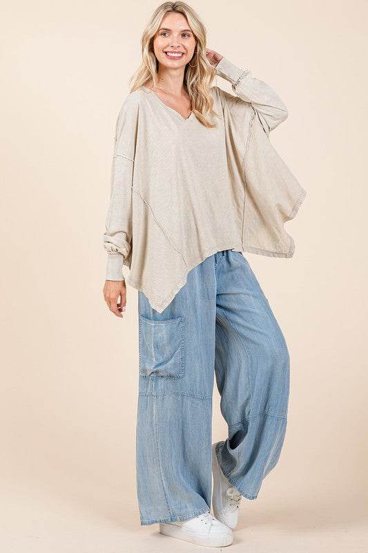 Mittoshop Mineral Wash V-Neck Long Sleeve Oversized Top - Shop Style & More | Fresh Looks, Everyday Deals & Free Shipping