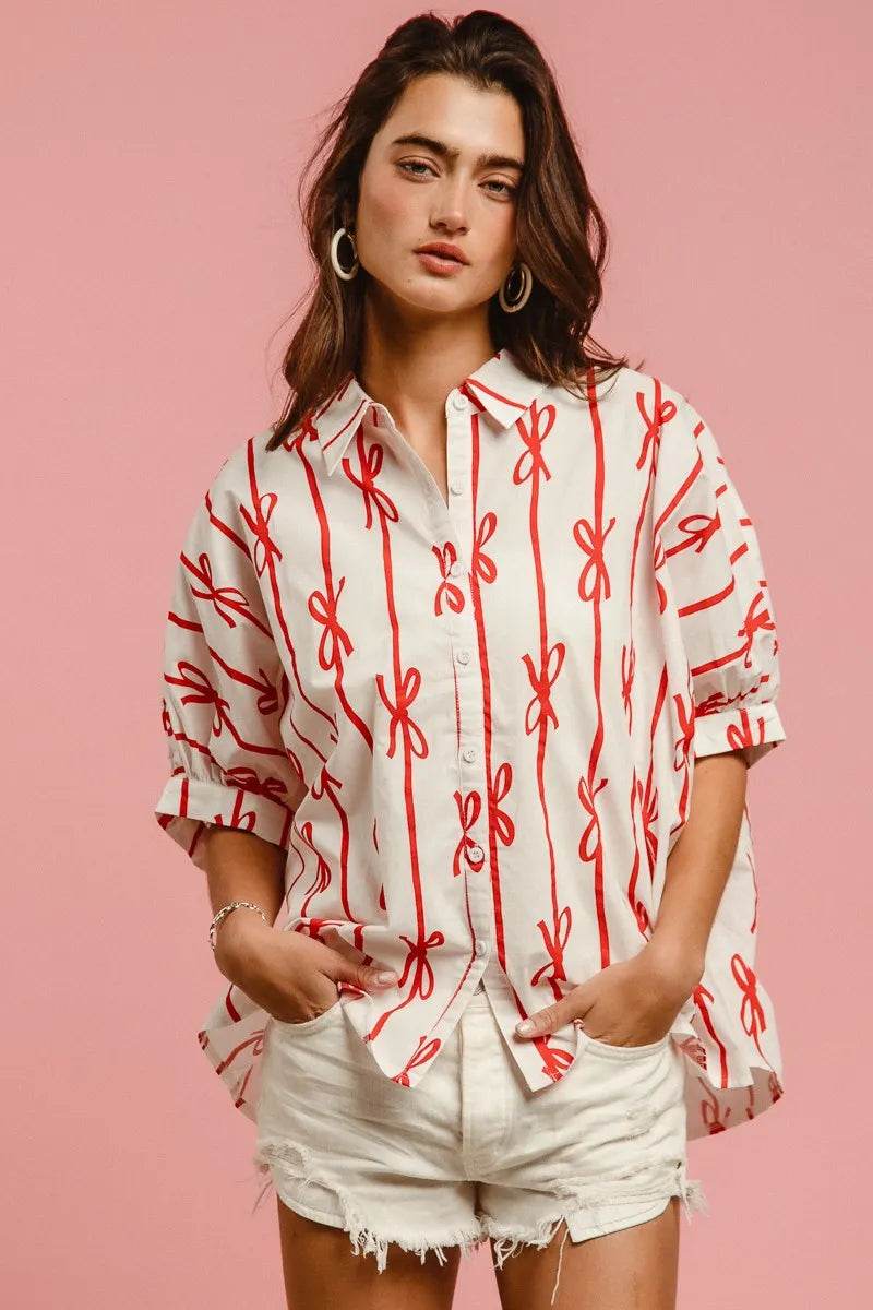 BiBi Bow Ribbon Woven Printed Button Down Shirt - Shop Style & More | Fresh Looks, Everyday Deals & Free Shipping