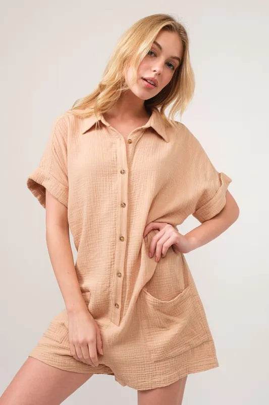 And The Why Washed Gauze Roll-up Sleeve Comfort Utility Romper - Shop Style & More | Fresh Looks, Everyday Deals & Free Shipping