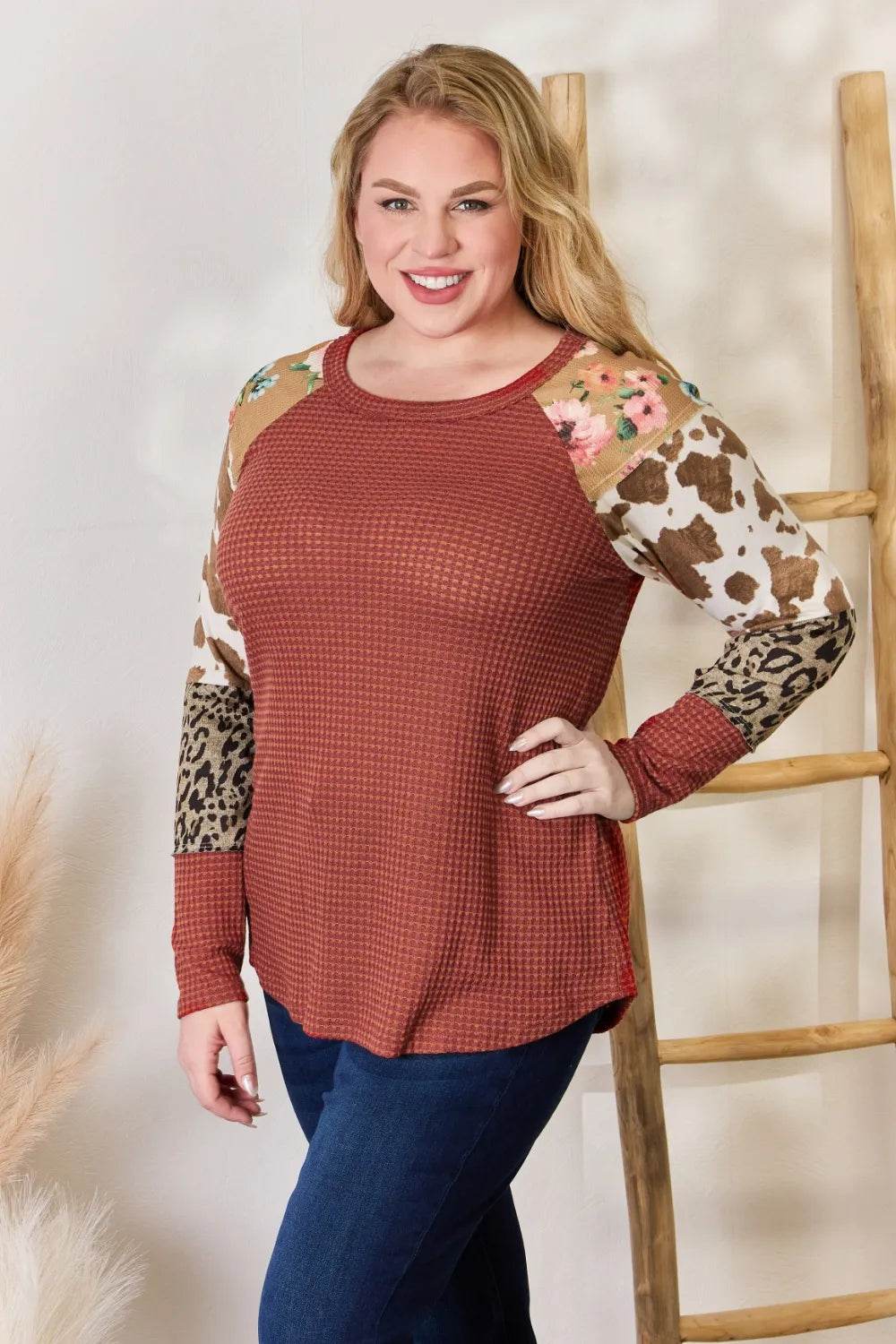 Hailey & Co Full Size Leopard Waffle-Knit Blouse - Shop Style & More | Fresh Looks, Everyday Deals & Free Shipping