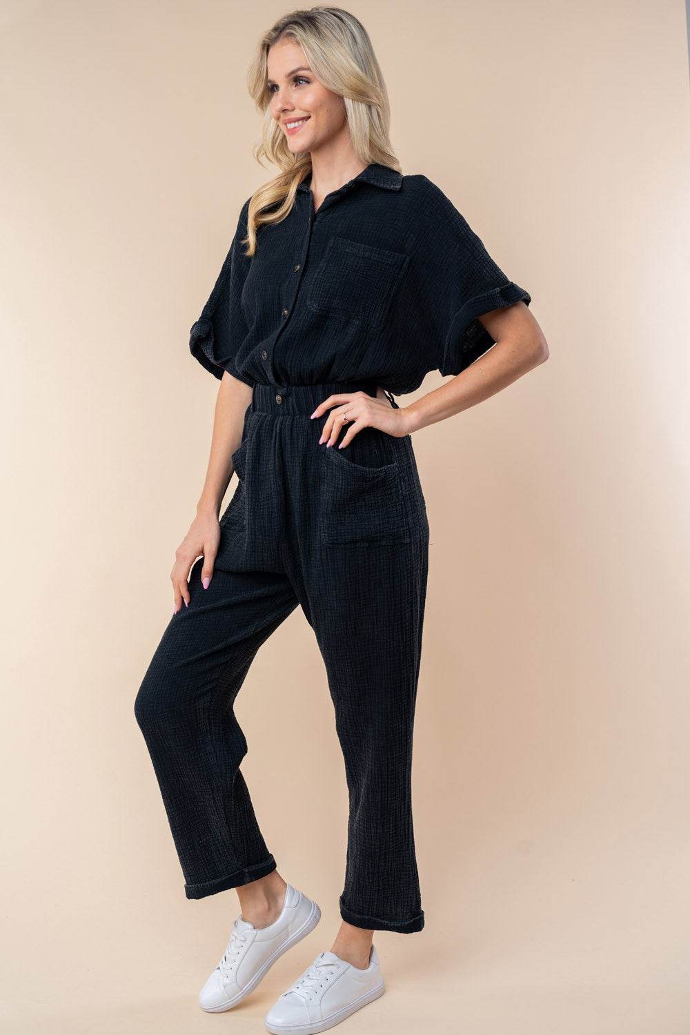 White Birch Texture Short Sleeve Jumpsuit - Shop Style & More | Fresh Looks, Everyday Deals & Free Shipping