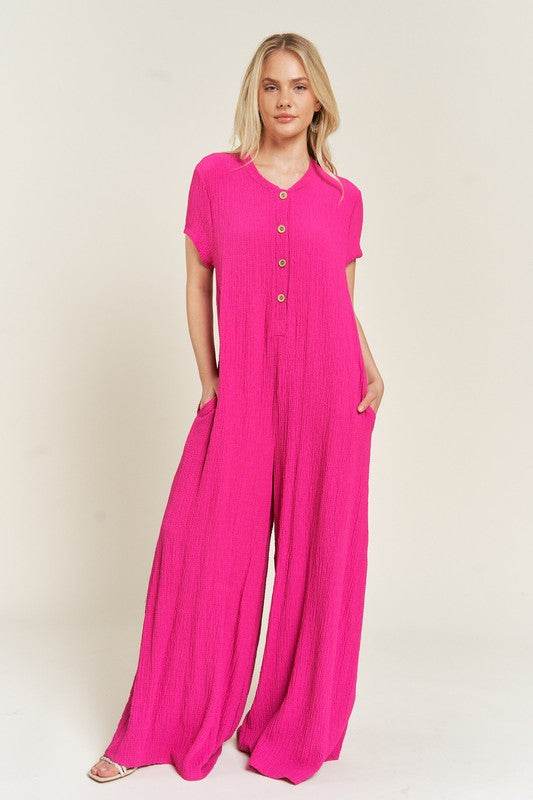 TEXTURED SHORT SLEEVE JUMPSUIT - Shop Style & More | Fresh Looks, Everyday Deals & Free Shipping