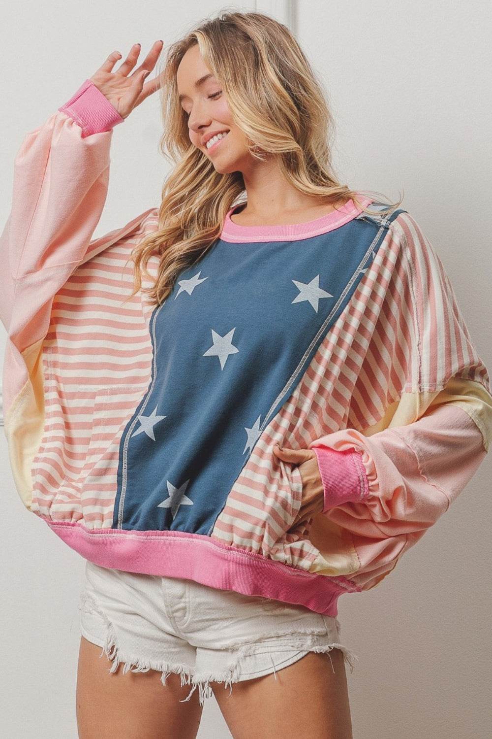 BiBi Stars and Stripes Round Neck Long Sleeve Top - Shop Style & More | Fresh Looks, Everyday Deals & Free Shipping