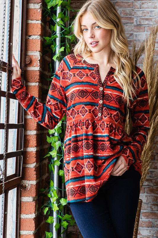 Heimish Full Size Geometric Button Detail Long Sleeve Babydoll Top - Shop Style & More | Fresh Looks, Everyday Deals & Free Shipping