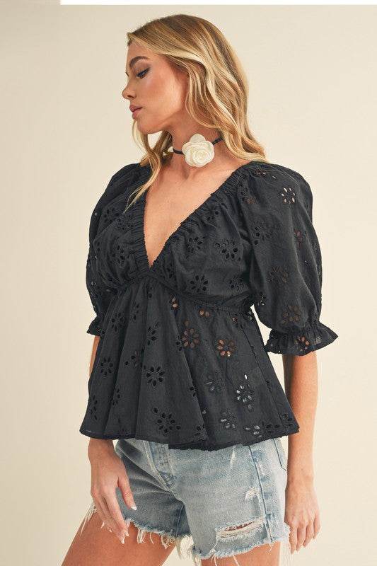 Aemi + Co Eyelet Embroidered V-Neck Half Sleeve Peplum Blouse - Shop Style & More | Fresh Looks, Everyday Deals & Free Shipping