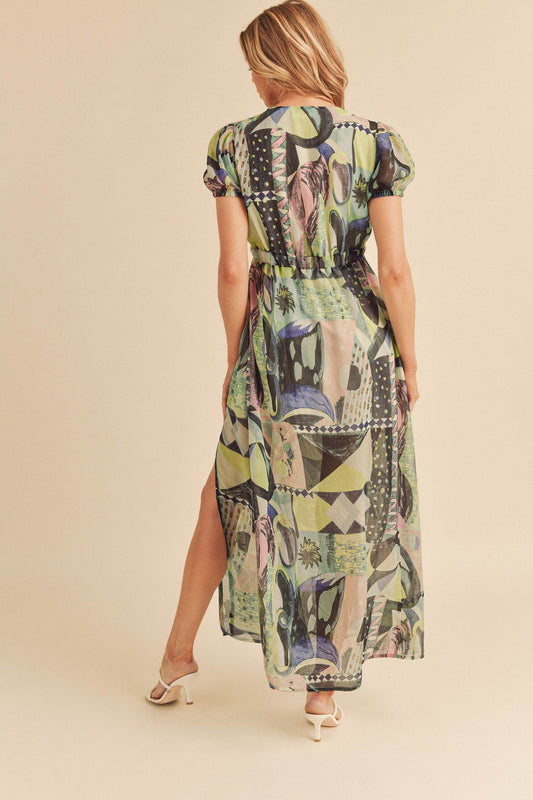 Aemi + Co Lace Detail Slit Geometric Print Short Sleeve Maxi Dress - Shop Style & More | Fresh Looks, Everyday Deals & Free Shipping