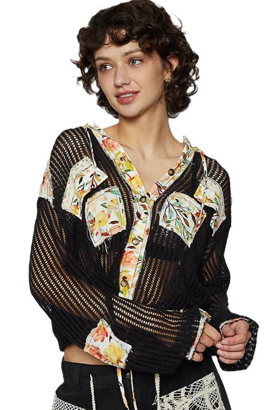 POL Vintage Washed Crochet Hoodie Jacket With Patchwork - Shop Style & More | Fresh Looks, Everyday Deals & Free Shipping