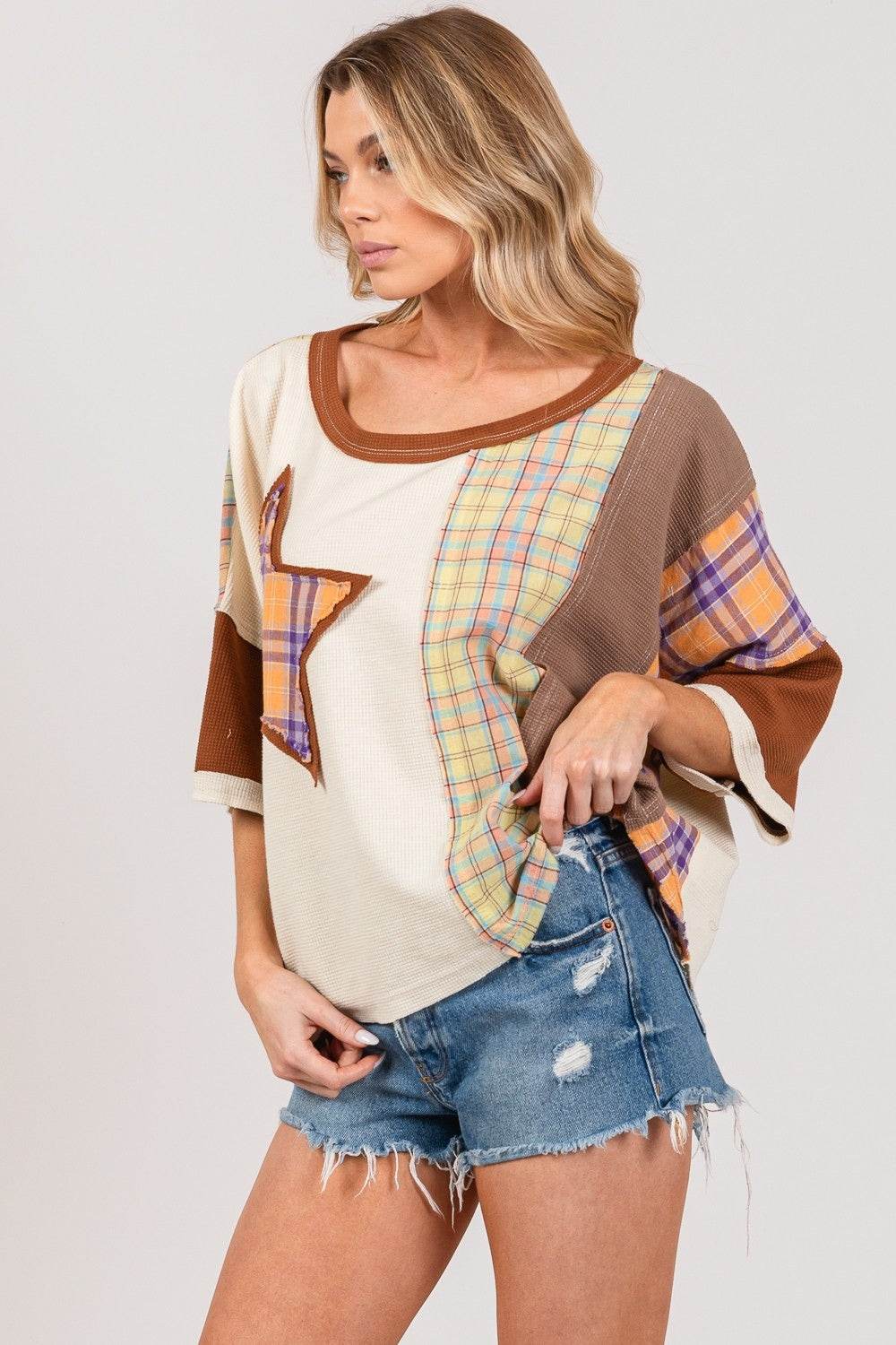 SAGE + FIG Round Neck Plaid Star Patch T-Shirt - Shop Style & More | Fresh Looks, Everyday Deals & Free Shipping