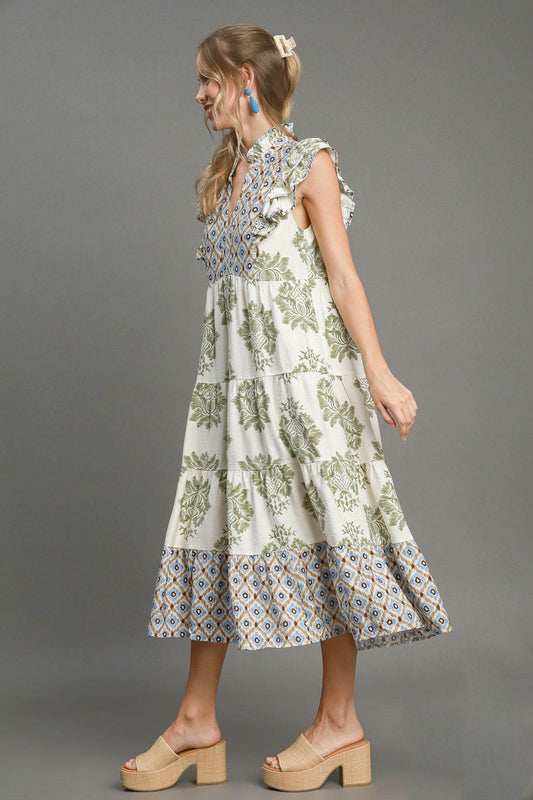 Umgee Full Size Mixed Print Ruffle Cap Sleeve Midi Dress Plus Size - Shop Style & More | Fresh Looks, Everyday Deals & Free Shipping