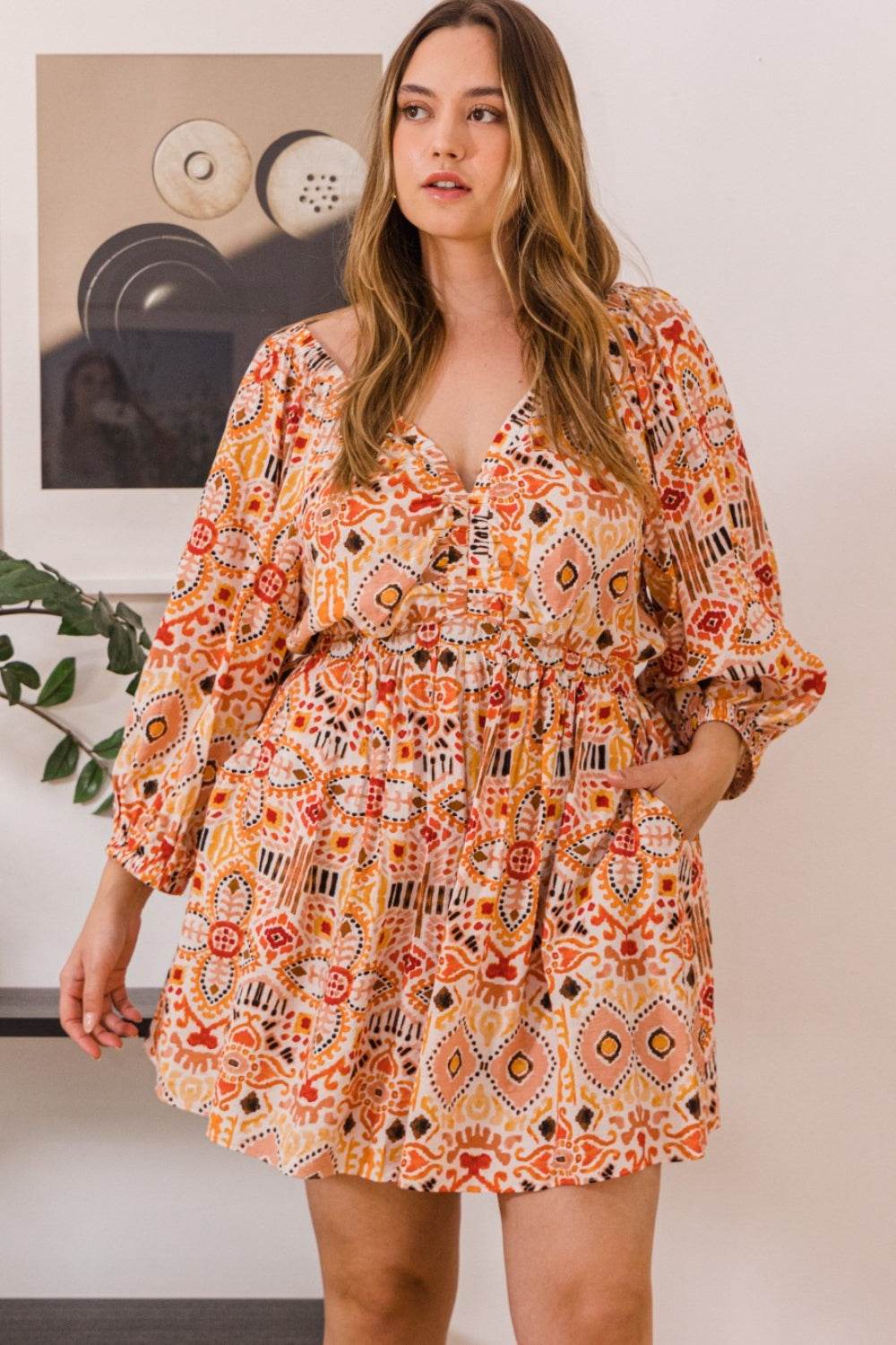 ODDI Full Size Printed Ruff Sleeve Romper with Pockets - Shop Style & More | Fresh Looks, Everyday Deals & Free Shipping