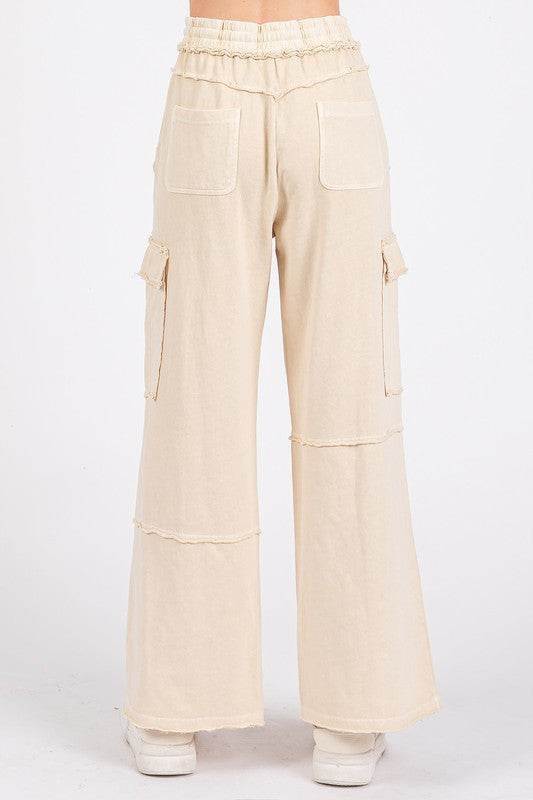 Mittoshop Mineral Wash Elastic Waist Cargo Wide Leg Pants - Shop Style & More | Fresh Looks, Everyday Deals & Free Shipping