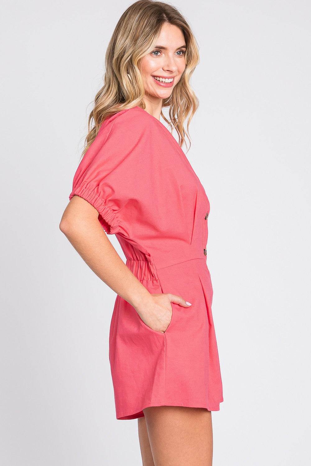 GeeGee Half Button V-Neck Linen Romper - Shop Style & More | Fresh Looks, Everyday Deals & Free Shipping