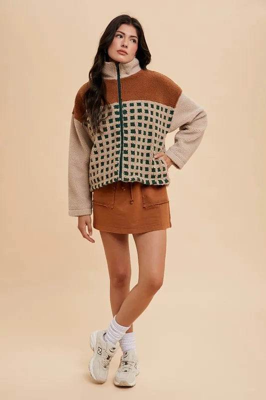Annie Wear Plaid Zip Up Drop Shoulder Sherpa Jacket - Shop Style & More | Fresh Looks, Everyday Deals & Free Shipping