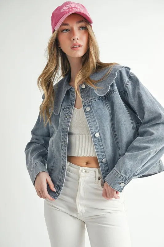 MABLE Scallop Peter Pan Collar Denim Jacket Women's Outerwear