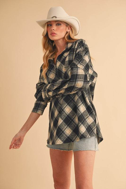 Aemi + Co Slit Plaid Half Zip Drop Shoulder Top - Shop Style & More | Fresh Looks, Everyday Deals & Free Shipping