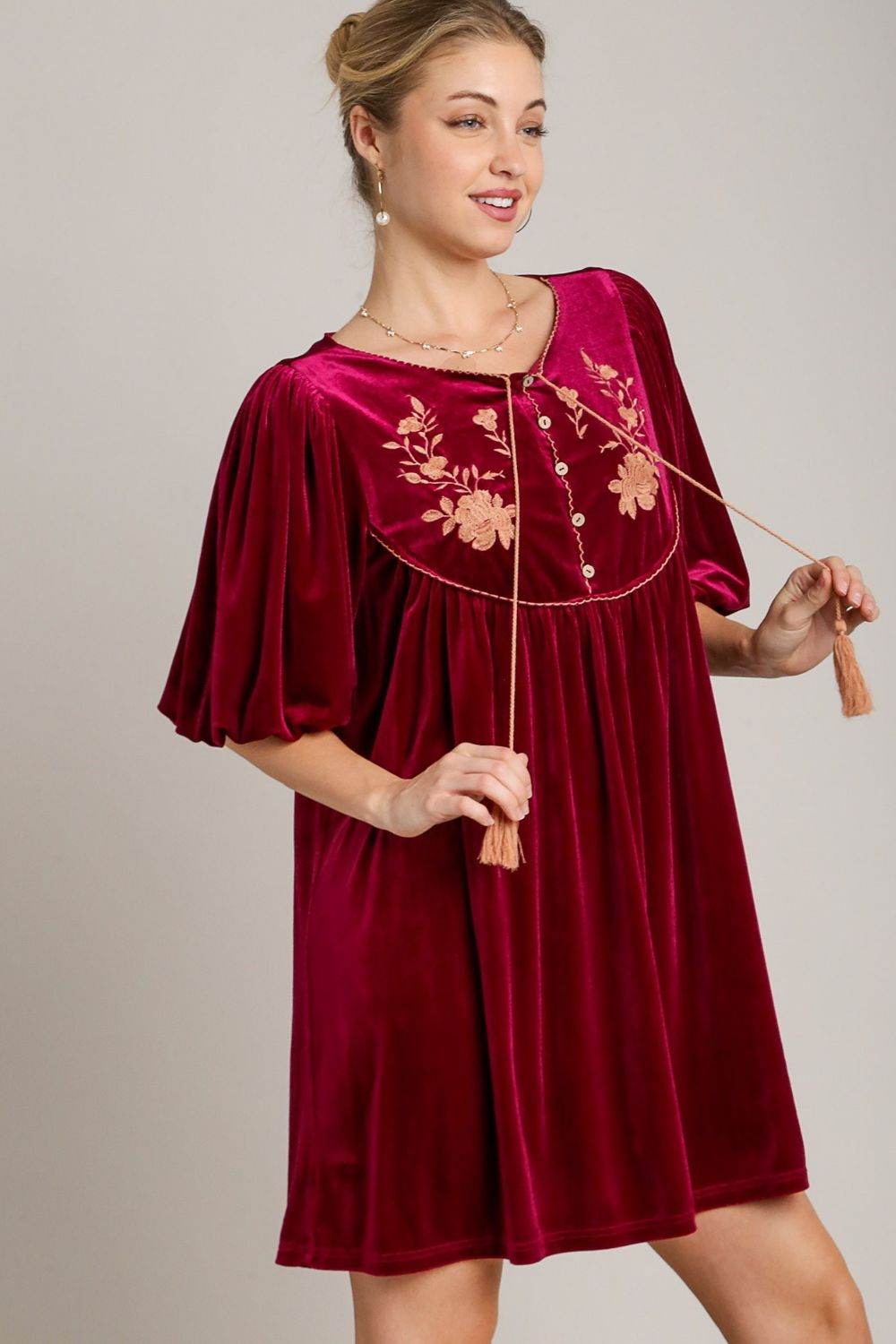 Umgee Embroidered Half Sleeve Velvet Mini Dress with Tassel - Shop Style & More | Fresh Looks, Everyday Deals & Free Shipping