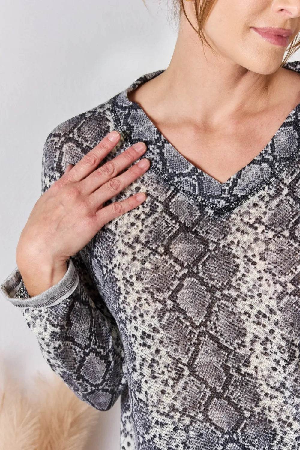 Hailey & Co Full Size Snakeskin V-Neck Long Sleeve Top - Shop Style & More | Fresh Looks, Everyday Deals & Free Shipping