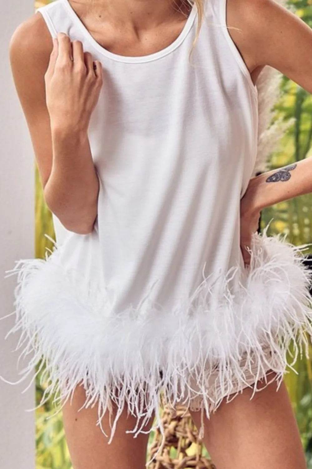BiBi French Terry Faux Feather Bottom Back Tied Top - Shop Style & More | Fresh Looks, Everyday Deals & Free Shipping