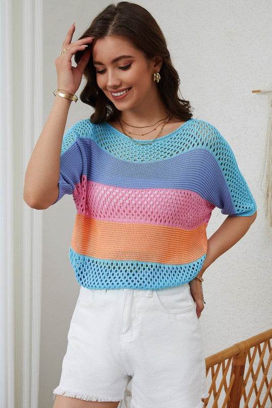 April Knitted Eyelet Colorblock Striped Half Sleev - Shop Style & More | Fresh Looks, Everyday Deals & Free Shipping