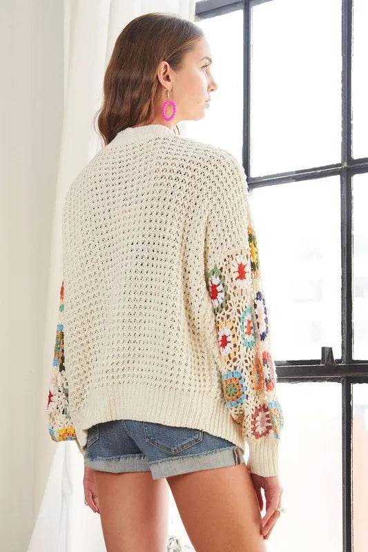 ADORA Full Size Contrast Crochet Open Front Long Sleeve Cardigan - Shop Style & More | Fresh Looks, Everyday Deals & Free Shipping