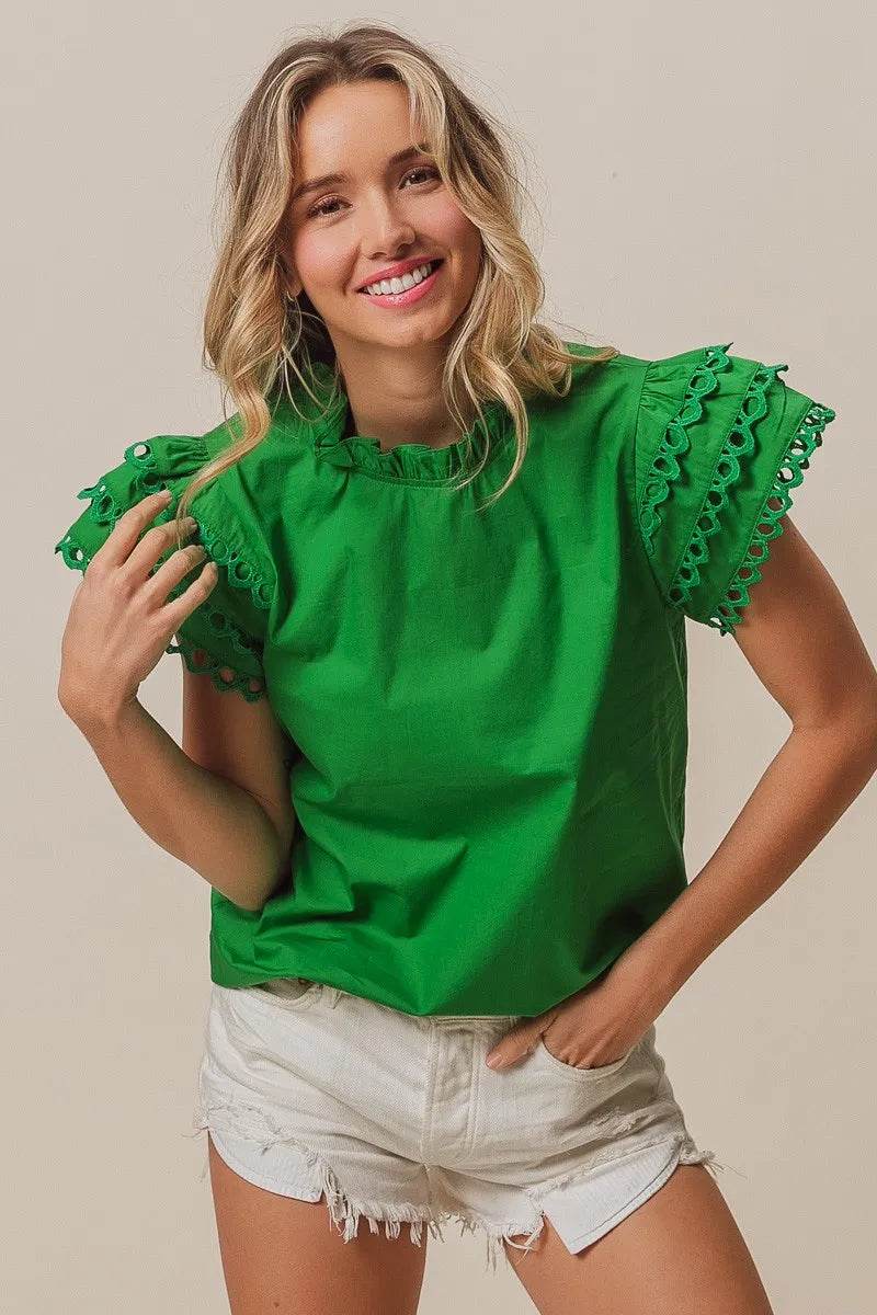BiBi Solid Woven Circle Trim Ruffle Top - Shop Style & More | Fresh Looks, Everyday Deals & Free Shipping
