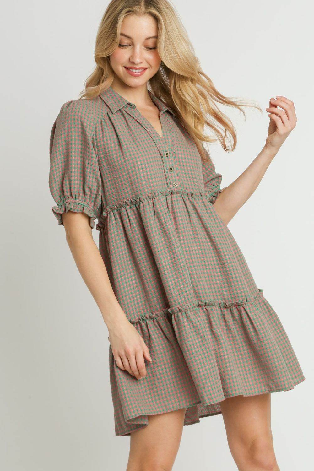 Umgee Full Size Plaid Frill Button Detail Ruffled Short Sleeve Dress Plus Size - Shop Style & More | Fresh Looks, Everyday Deals & Free Shipping