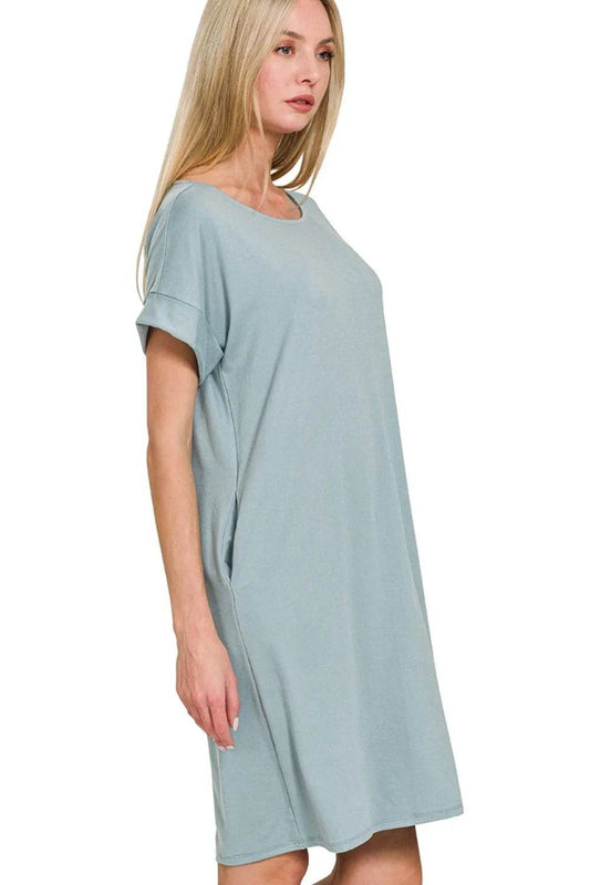 Zenana Rolled Short Sleeve Round Neck Dress - Shop Style & More | Fresh Looks, Everyday Deals & Free Shipping