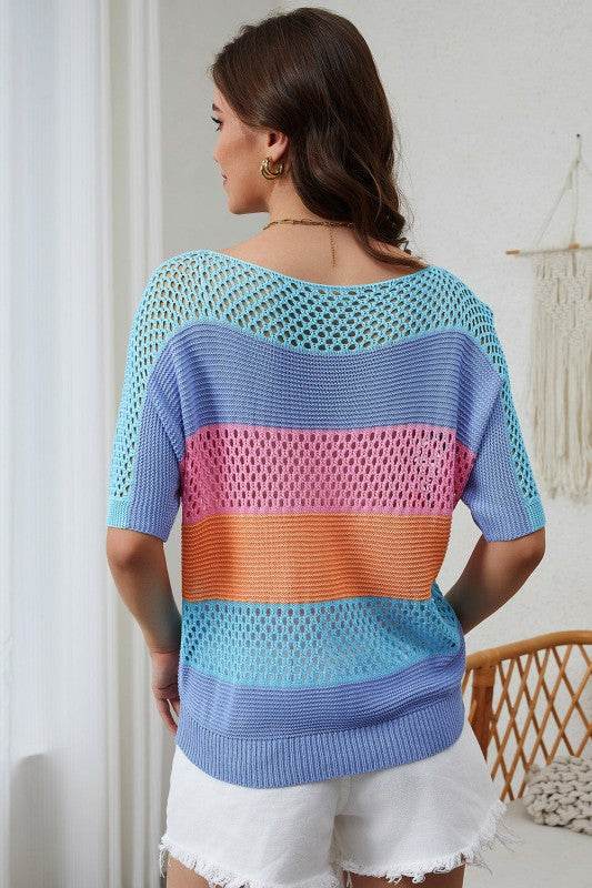 April Knitted Eyelet Colorblock Striped Half Sleev - Shop Style & More | Fresh Looks, Everyday Deals & Free Shipping