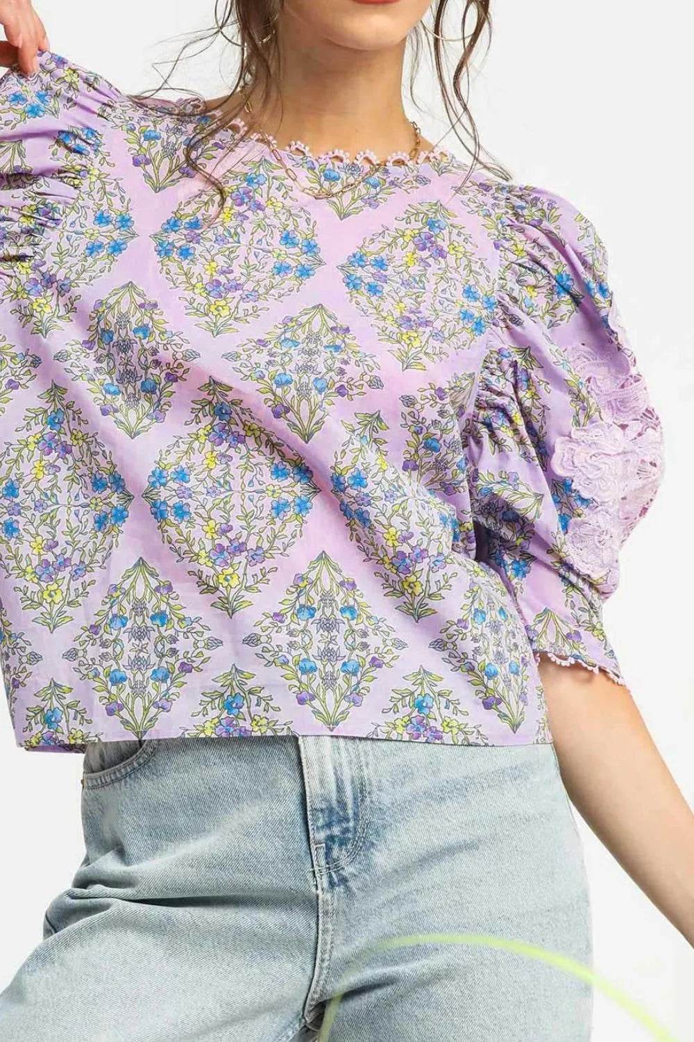 Umgee Printed Lace Puff Sleeve Blouse - Shop Style & More | Fresh Looks, Everyday Deals & Free Shipping
