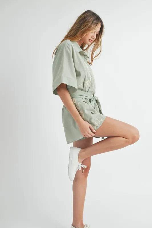 MABLE Embroidered Button Down Collared Neck Romper - Shop Style & More | Fresh Looks, Everyday Deals & Free Shipping