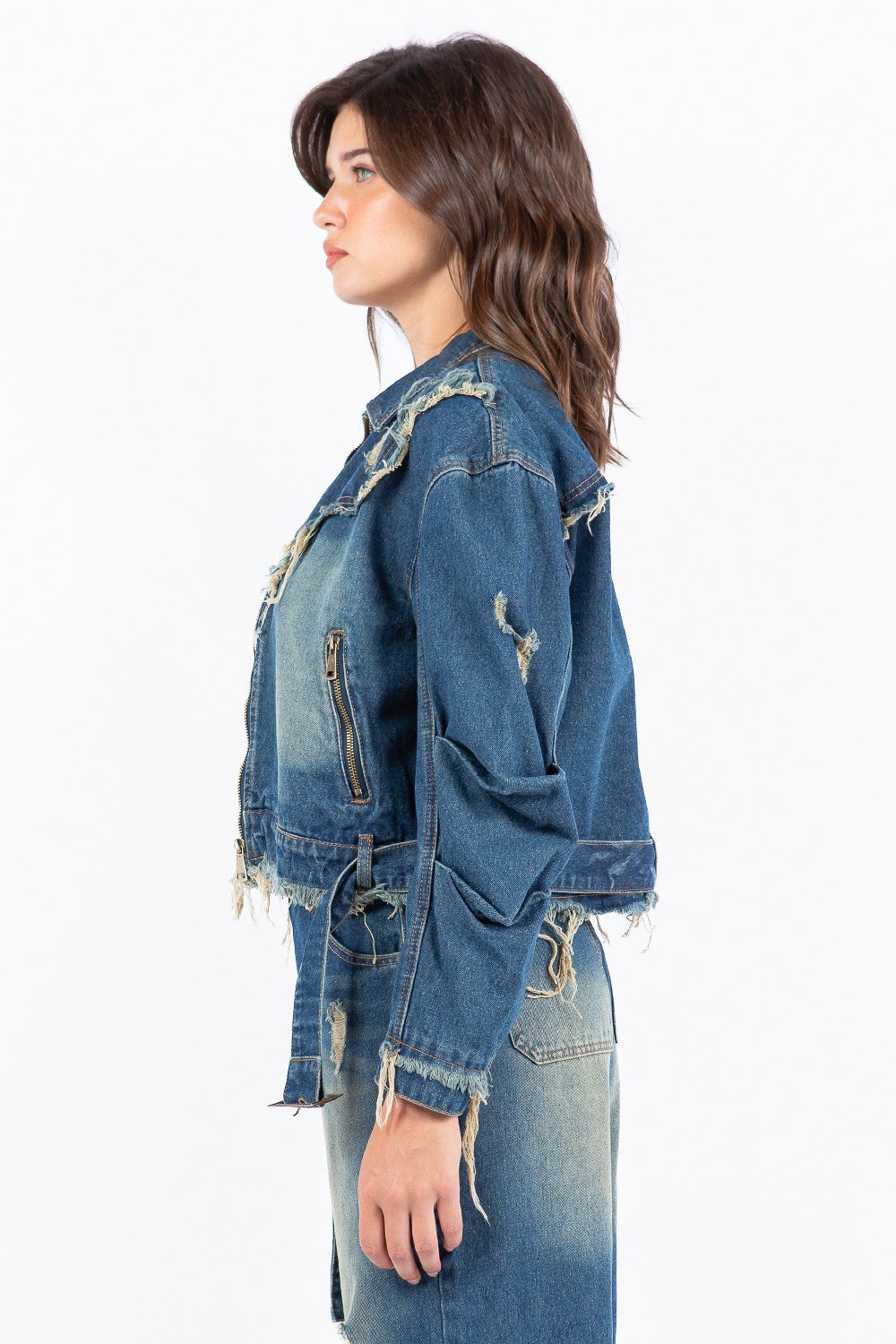American Bazi Full Size Distressed Frayed Edge Zip Up Denim Jacket Plus Size Women's Outerwear