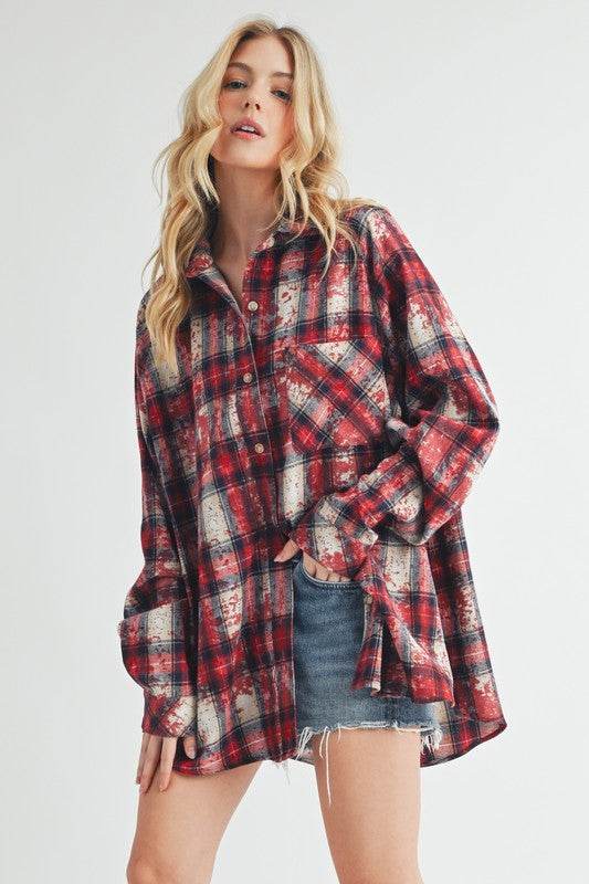 Aemi + Co Washed Plaid Button Up Raglan Sleeve Flannel Shirt - Shop Style & More | Fresh Looks, Everyday Deals & Free Shipping