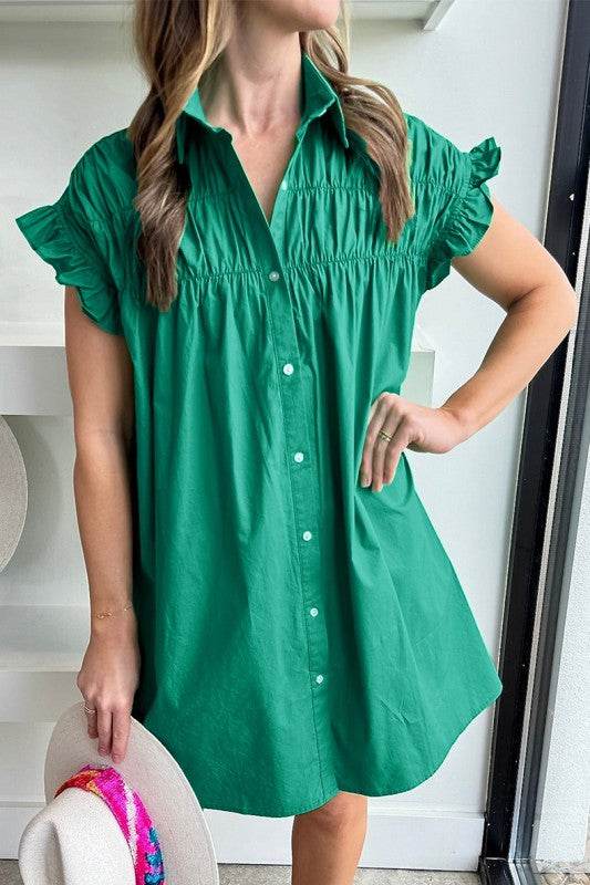 Green Shirred Ruffle Sleeve Button Up Short Dress - Shop Style & More | Fresh Looks, Everyday Deals & Free Shipping