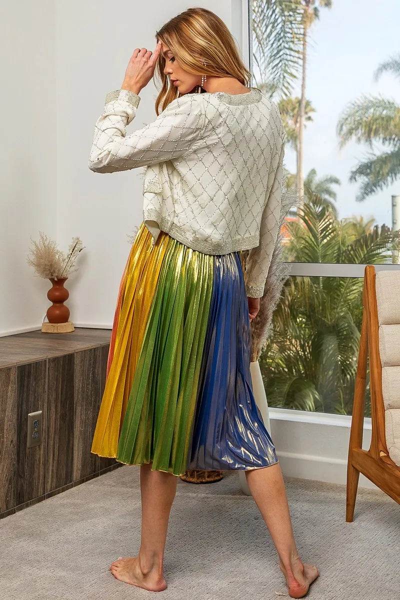 BiBi Metallic Color Block Pleats Midi Skirt - Shop Style & More | Fresh Looks, Everyday Deals & Free Shipping