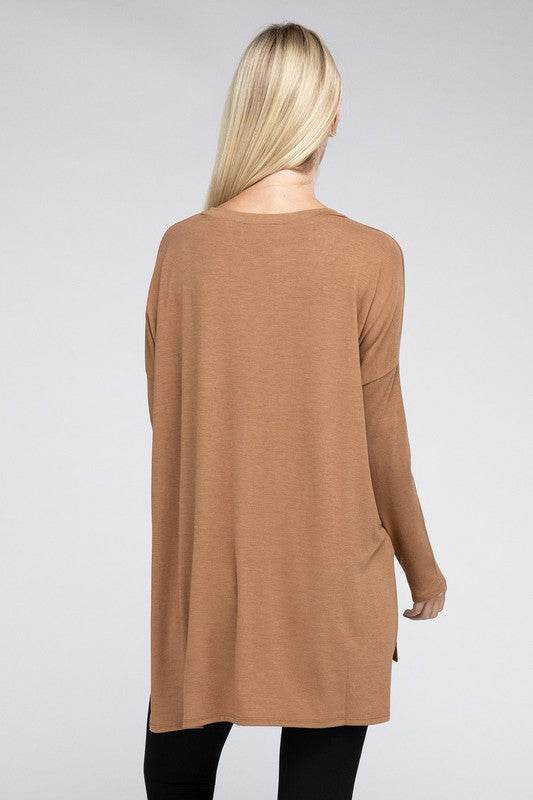 Dolman Long Sleeve V-Neck Side Slit Hi-Low Hem Top - Shop Style & More | Fresh Looks, Everyday Deals & Free Shipping