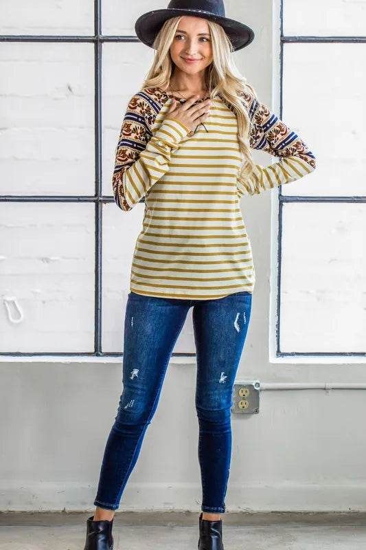 And The Why Stripe Ethnic Print Raglan Top - Shop Style & More | Fresh Looks, Everyday Deals & Free Shipping