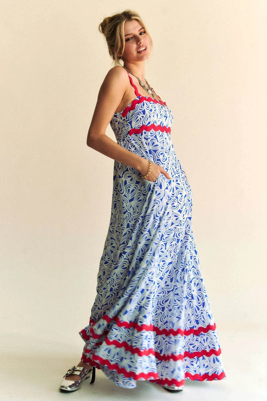 Davi & Dani Geo 2 Tone Printed Wavi Trim Tiered Maxi Dress - Shop Style & More | Fresh Looks, Everyday Deals & Free Shipping