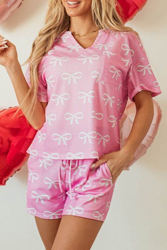 Knit Bowknot Printed V Neck T Shirt and Shorts Set - Shop Style & More | Fresh Looks, Everyday Deals & Free Shipping