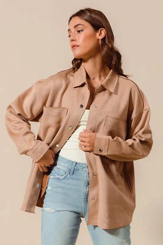 SO ME Faux Sued Snap Shacket with Collar and Pockets - Shop Style & More | Fresh Looks, Everyday Deals & Free Shipping