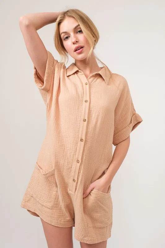 And The Why Washed Gauze Roll-up Sleeve Comfort Utility Romper - Shop Style & More | Fresh Looks, Everyday Deals & Free Shipping