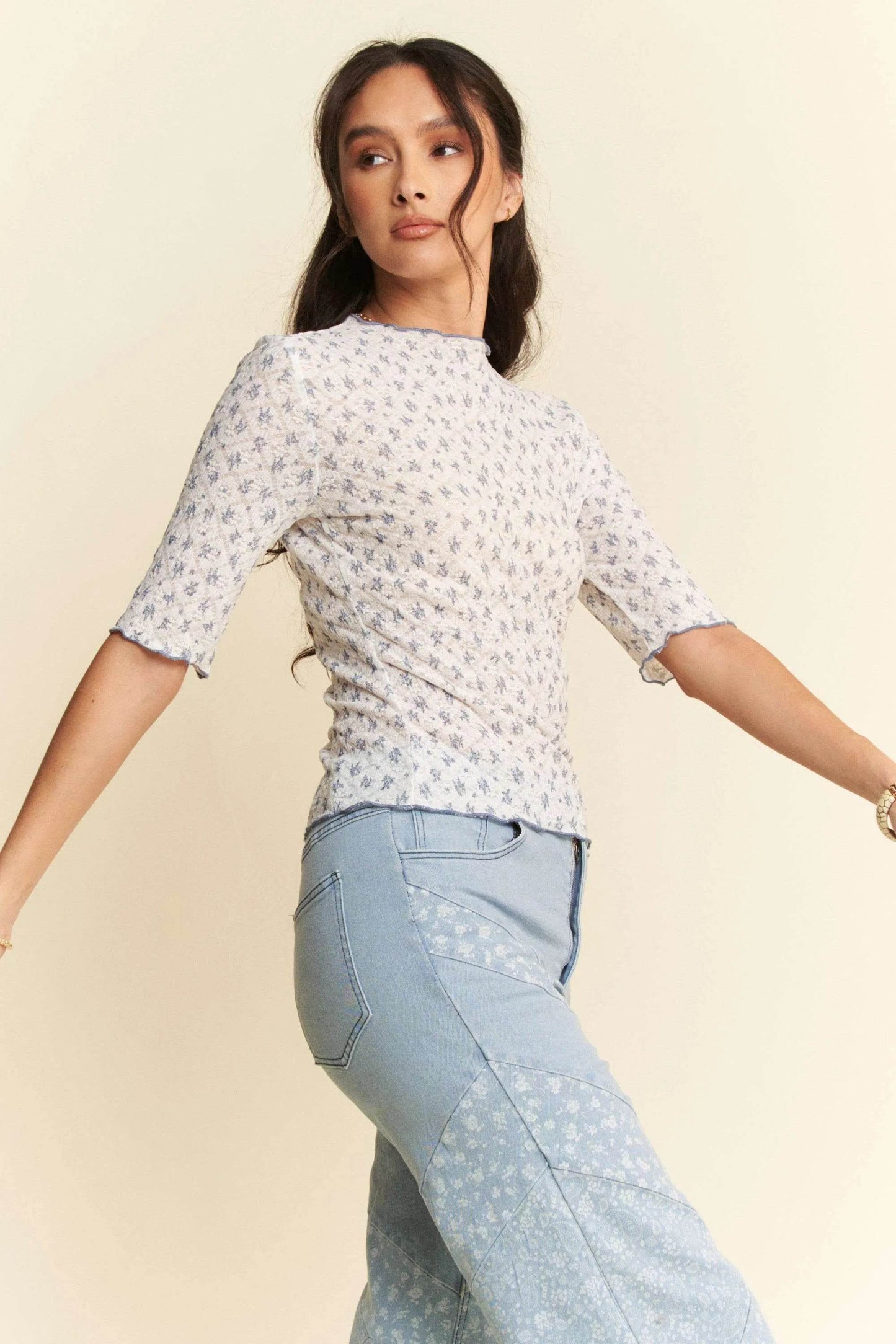 Davi & Dani Lace Stretch Floral Marrow Edge Half Sleeve Top - Shop Style & More | Fresh Looks, Everyday Deals & Free Shipping