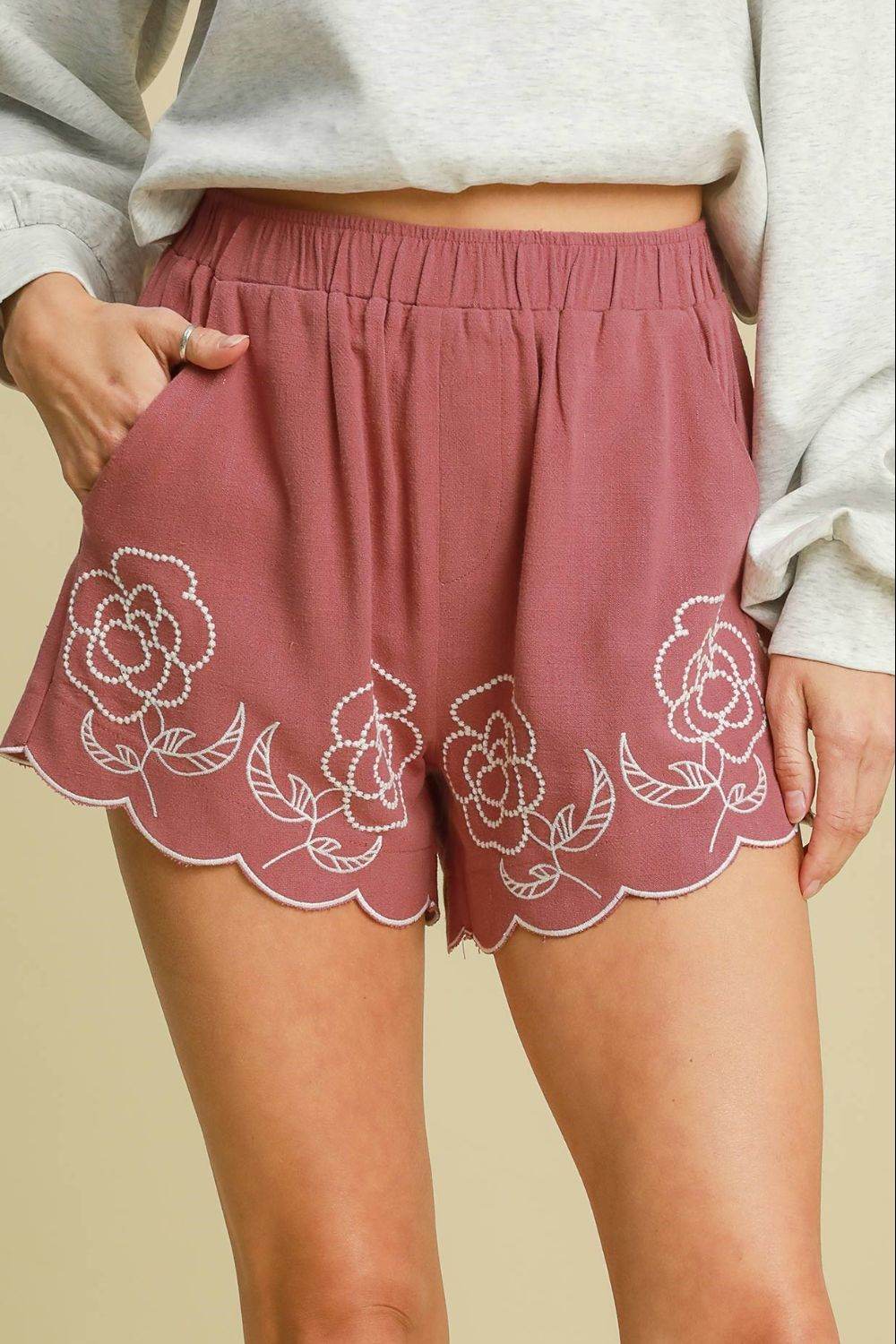 Umgee Full Size Linen Blend Shorts with Floral Embroidered Details Plus Size - Shop Style & More | Fresh Looks, Everyday Deals & Free Shipping