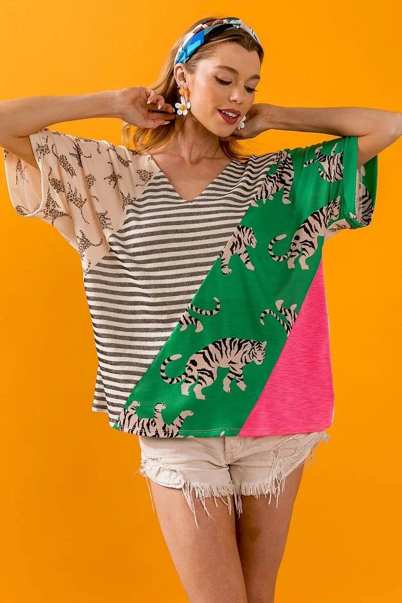 BiBi Tiger W Stripe Contrast Color Block V Neck Top - Shop Style & More | Fresh Looks, Everyday Deals & Free Shipping