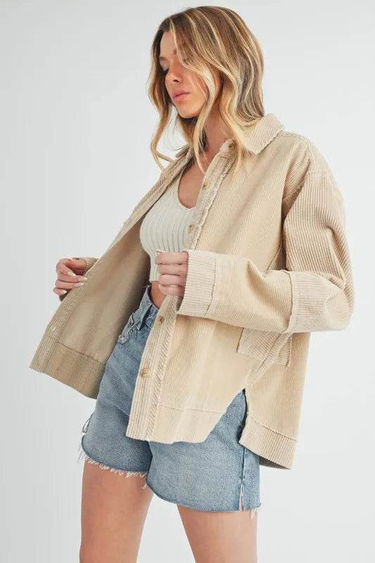 Aemi + Co Side Slit Exposed Seam Button Up Corduroy Jacket - Shop Style & More | Fresh Looks, Everyday Deals & Free Shipping