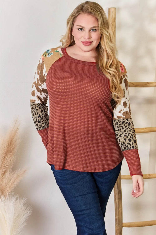 Hailey & Co Full Size Leopard Waffle-Knit Blouse - Shop Style & More | Fresh Looks, Everyday Deals & Free Shipping